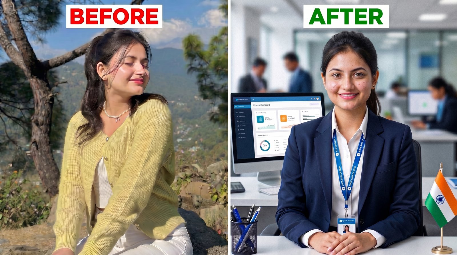 Priya Sharma before and after — student to bank officer